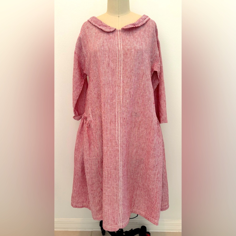Meg by Design Midi Dress Relaxed Linen Red and White Pin Striped Long Sleeves S